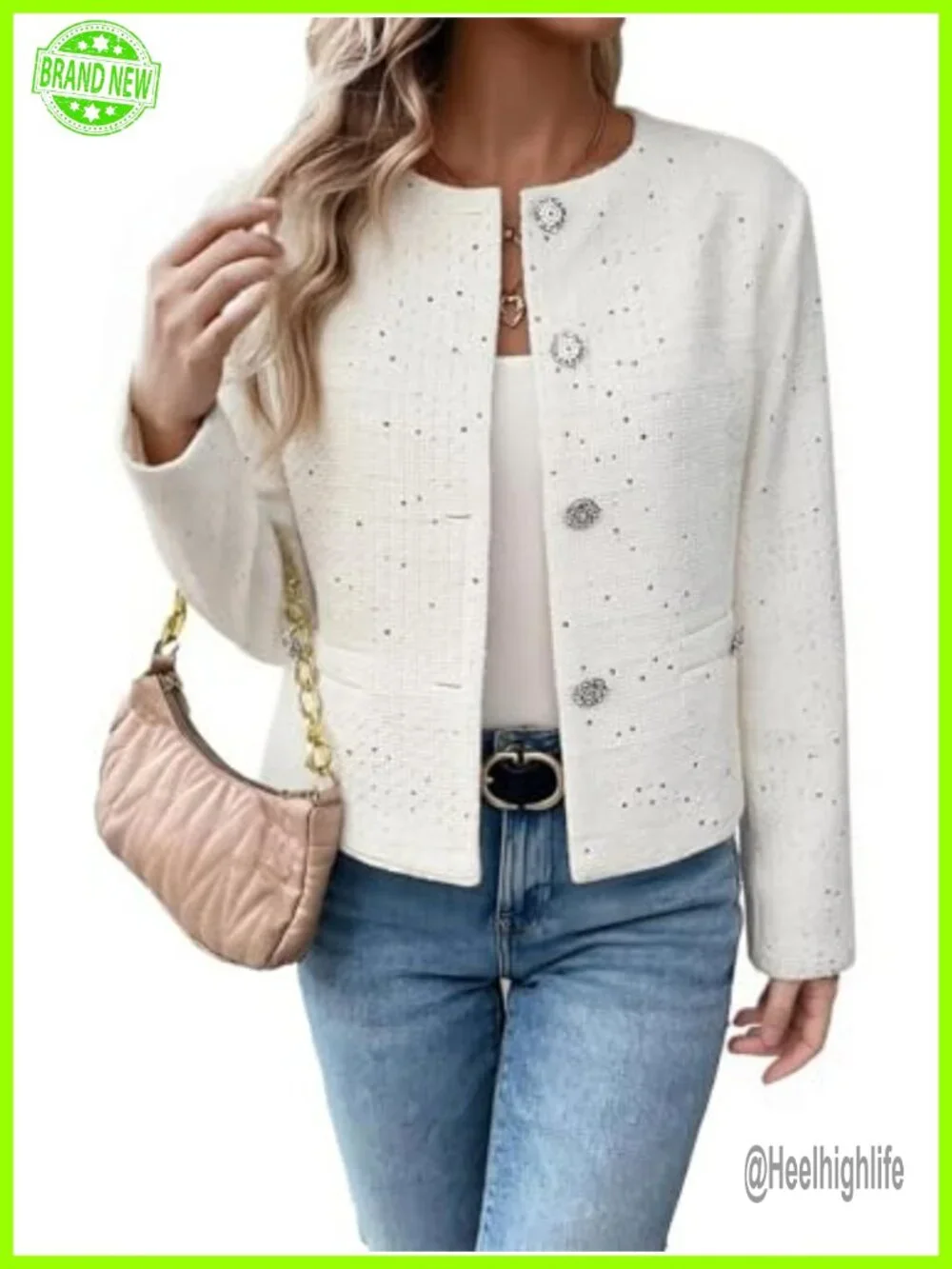 Short Tweed Sequin Blazer Casual Sparkly Jacket Round Neck